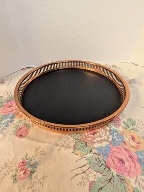Coppercraft Guild 13" Round Barware Serving Tray Faux Leather Vintage MCM